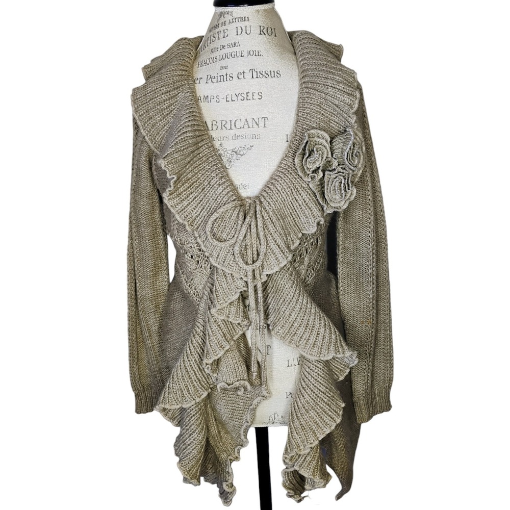 Verty Ruffle Rosette‎ Cardigan Womens OS Taupe Wool Blend Shabby Chic Romantic